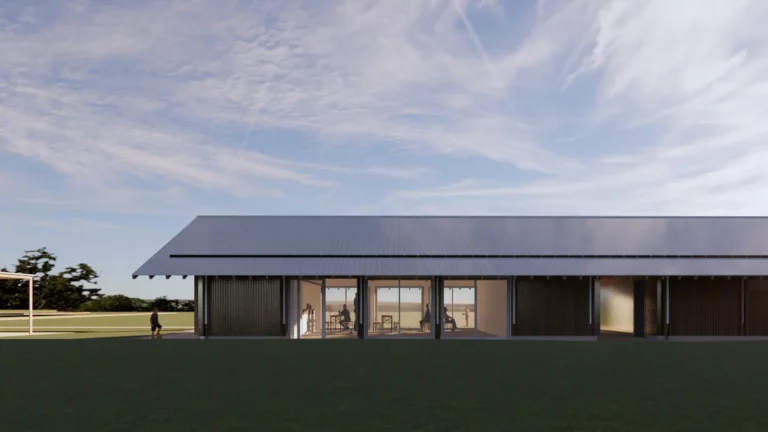 Vue générale du vestiaire de football conçu par l’Agence Tessier Poncelet