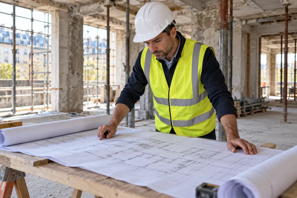 Maître d'œuvre relisant les plans sur un chantier de réhabilitation